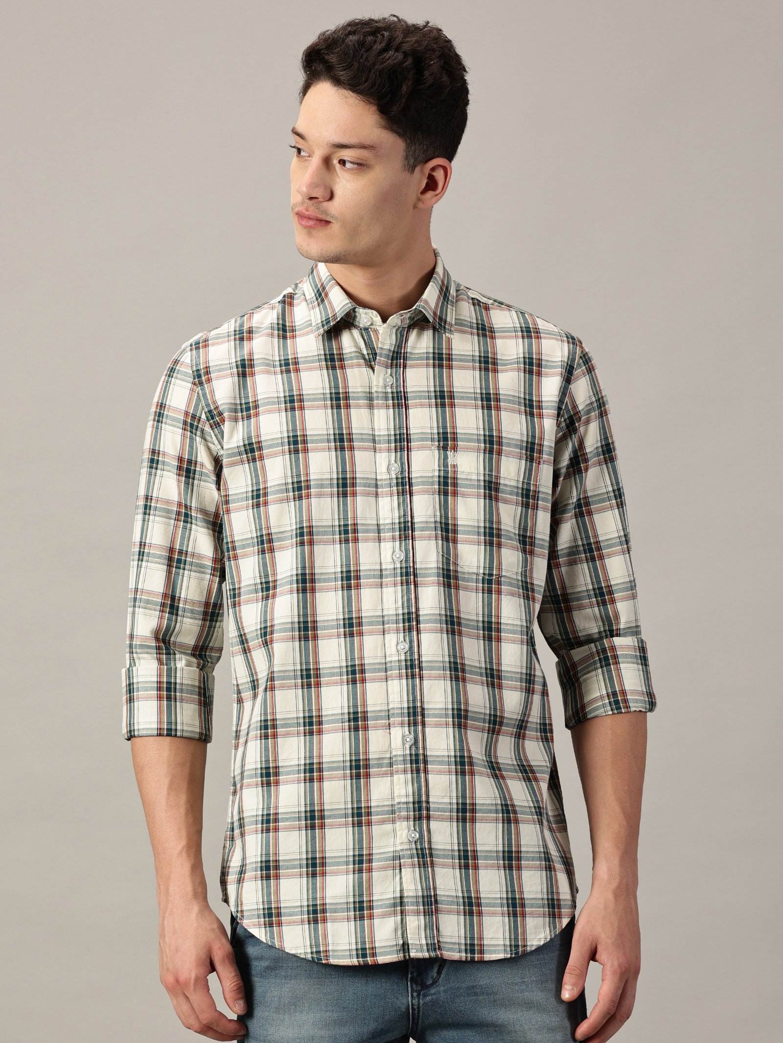 Urban Heritage Giza Twill Off‑White Base with Forest Green Check Shirt | Full- Sleeve | Slim Fit