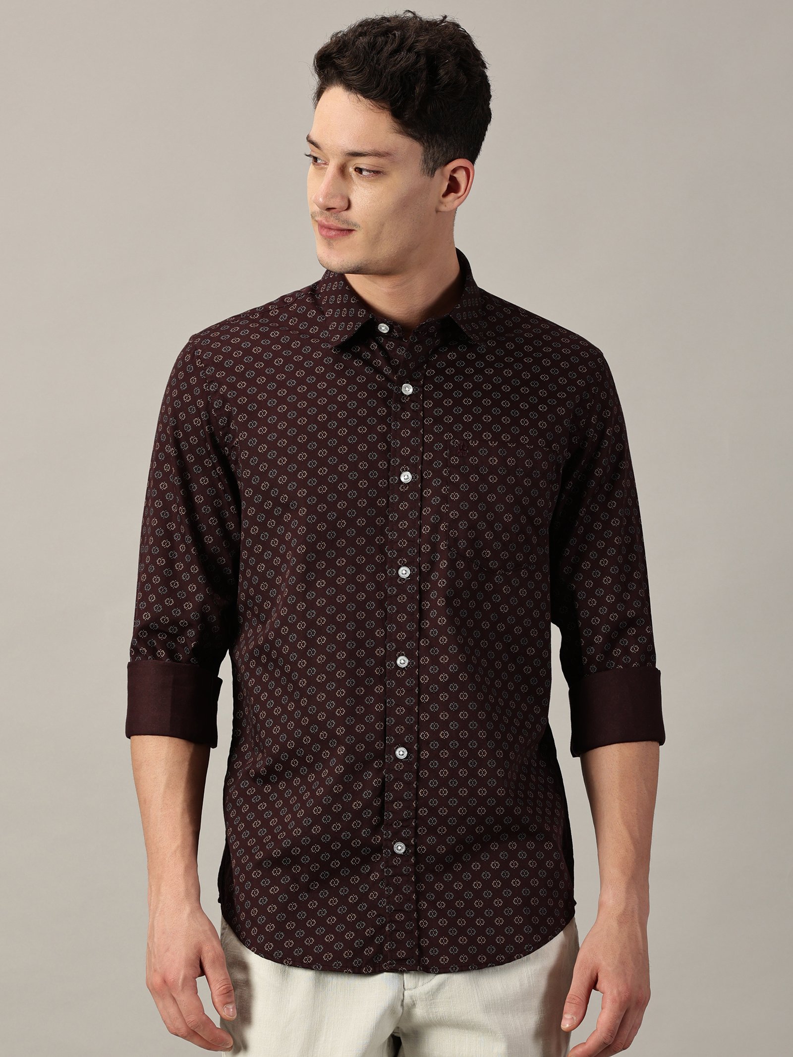 Maroon Geo‑Dot Micro Pattern Satin Printed Shirt | Full Sleeve |Slim Fit