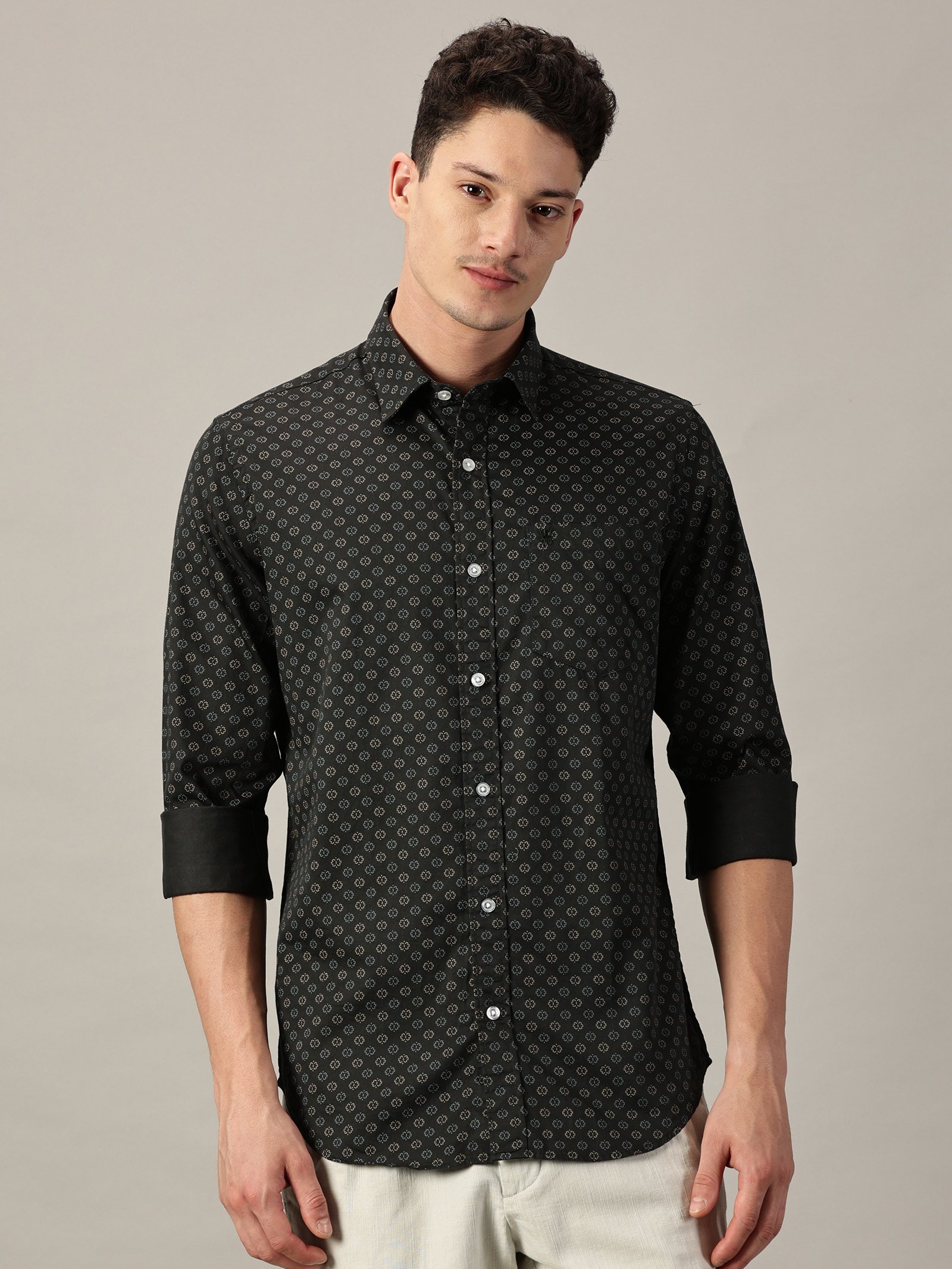 Forest Night Geo‑Dot Micro Pattern Satin Printed Shirt | Full Sleeve |Slim Fit