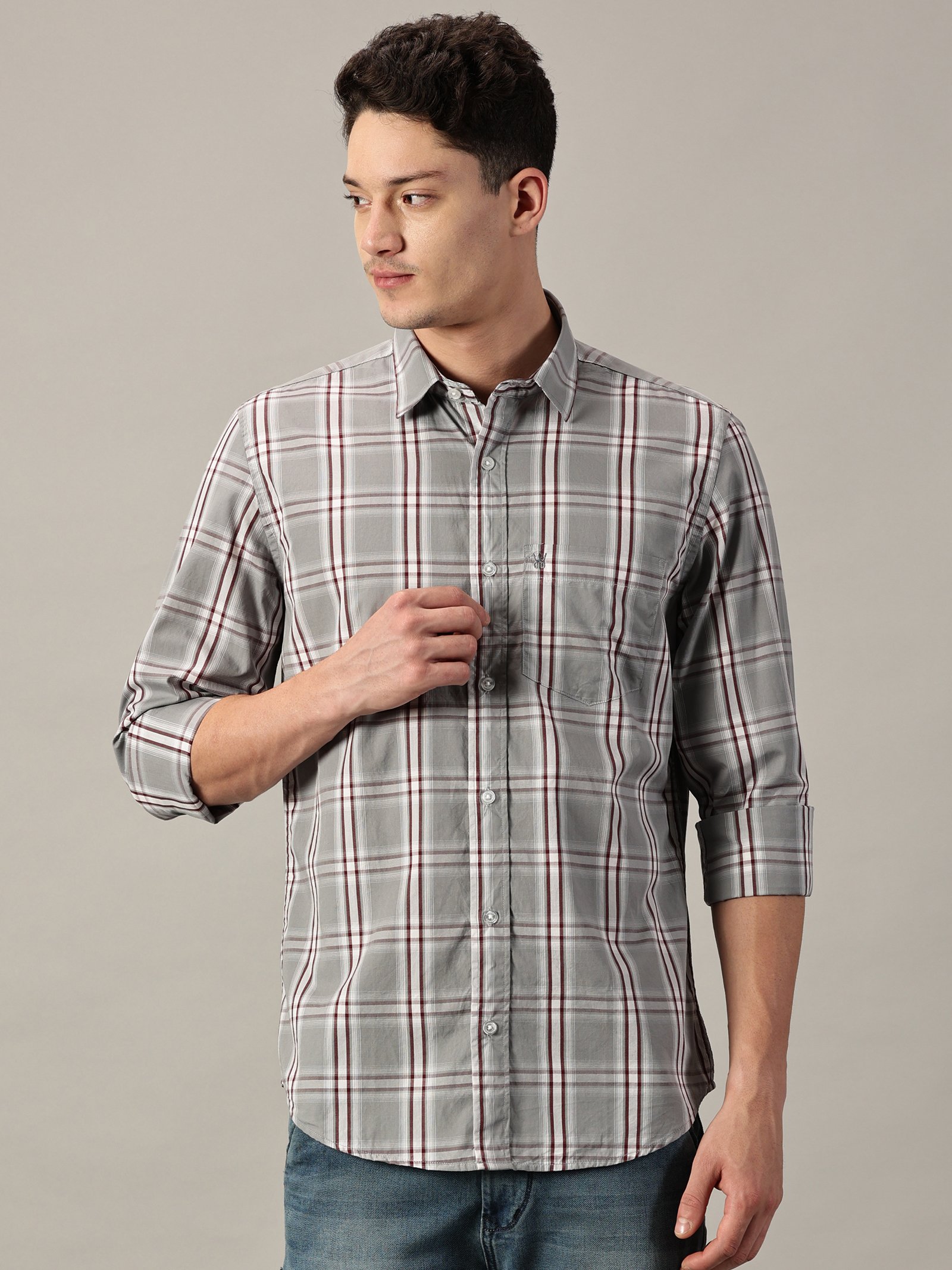 Grey & Maroon Men’s Cotton Checkered Shirt | Full‑Sleeve | Slim Fit