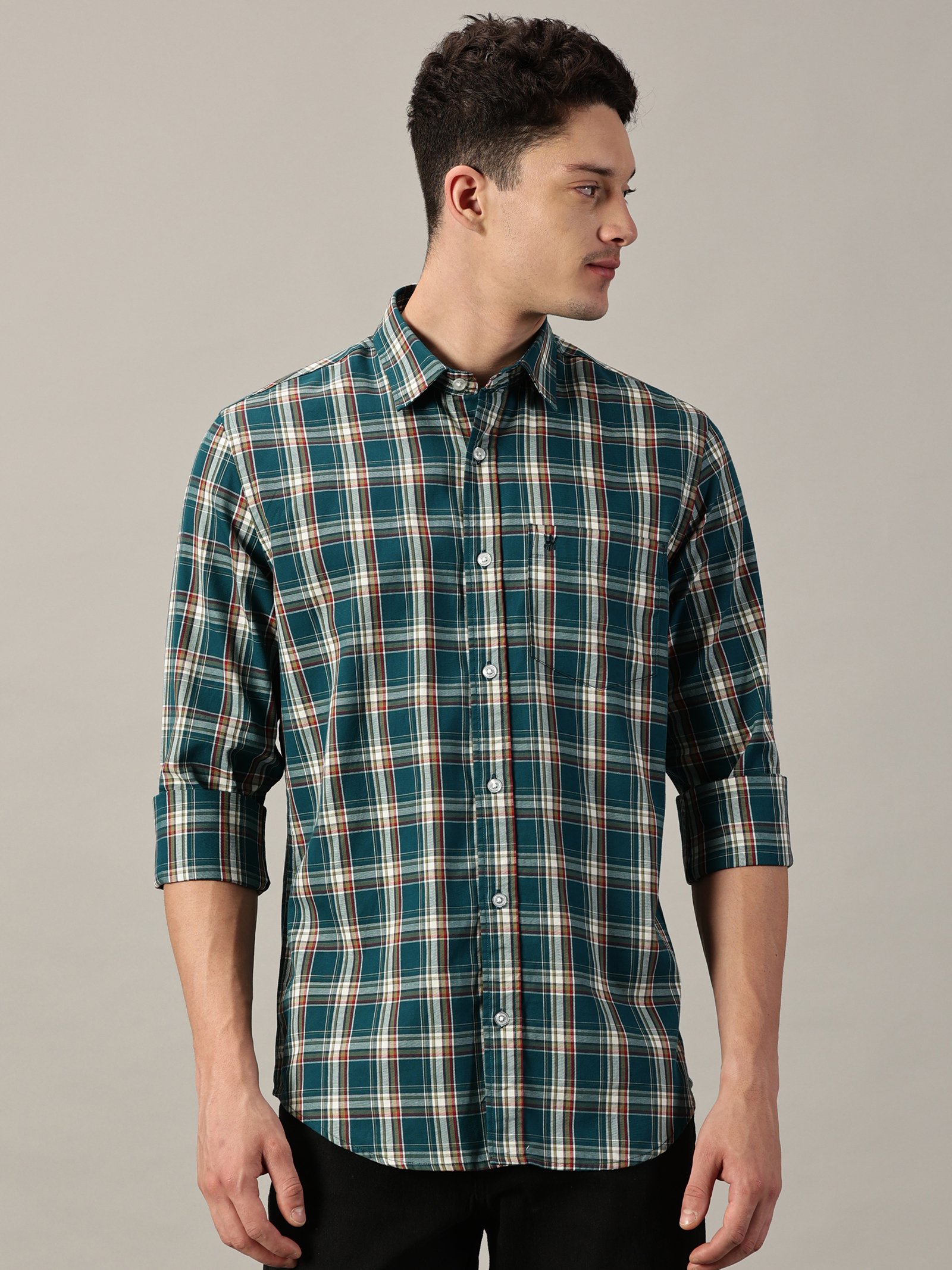 Teal Green Checkered Giza Twill Shirt | Full‑Sleeve | Slim Fit