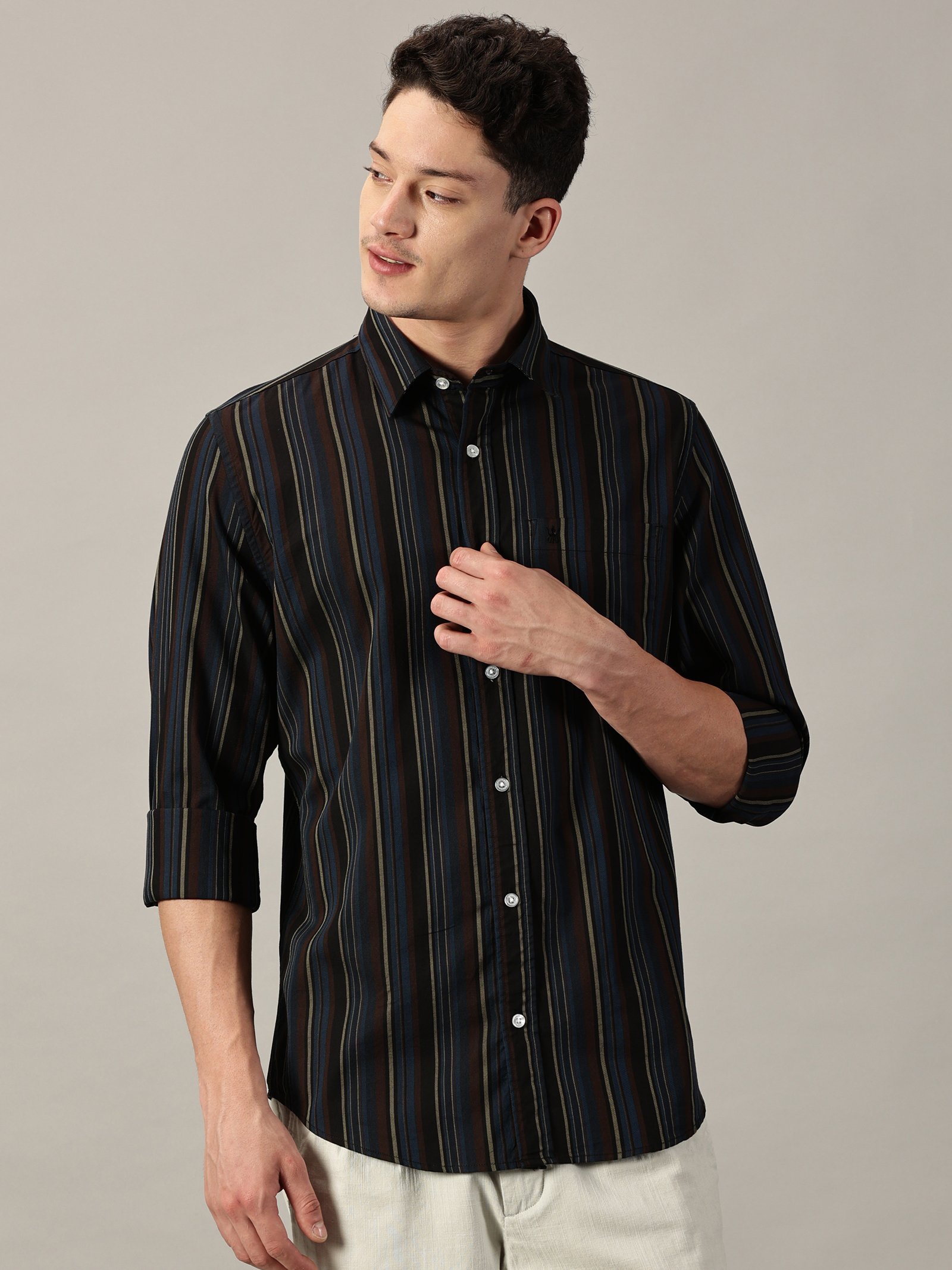 Men’s Harbor Blue Multi-Stripe Giza Twill Shirt | Full Sleeve | Slim Fit