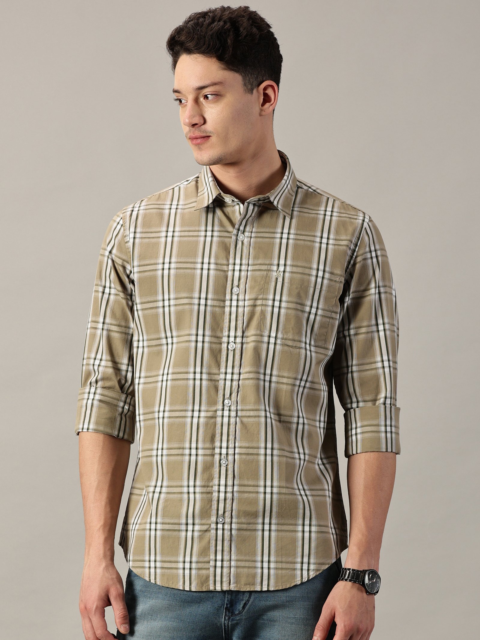 Khaki & Olive Men’s Cotton Checkered Shirt | Full‑Sleeve | Slim Fit