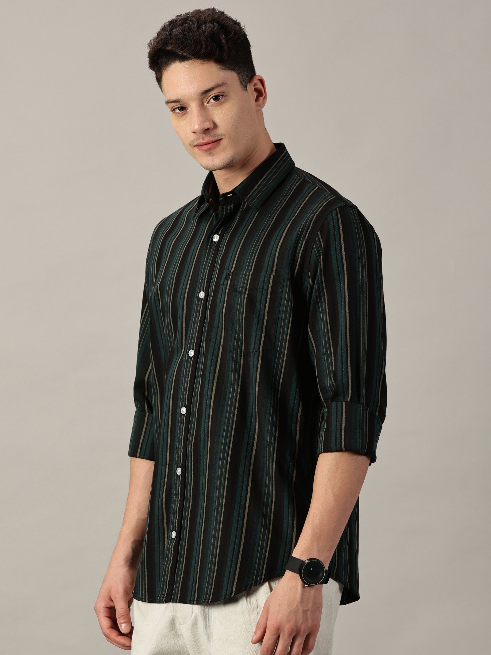 Men’s Harbor Teal Multi-Stripe Giza Twill Shirt | Full Sleeve | Slim Fit