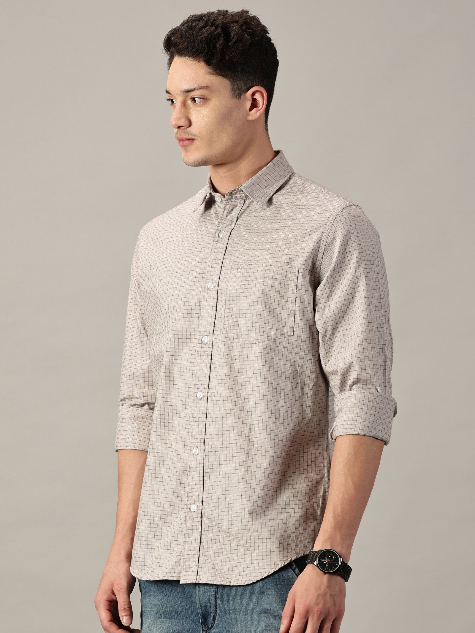 Sandcrest Beige Dobby Extra Fine Men’s micro Check Shirt | Full Sleeve | Slim Fit