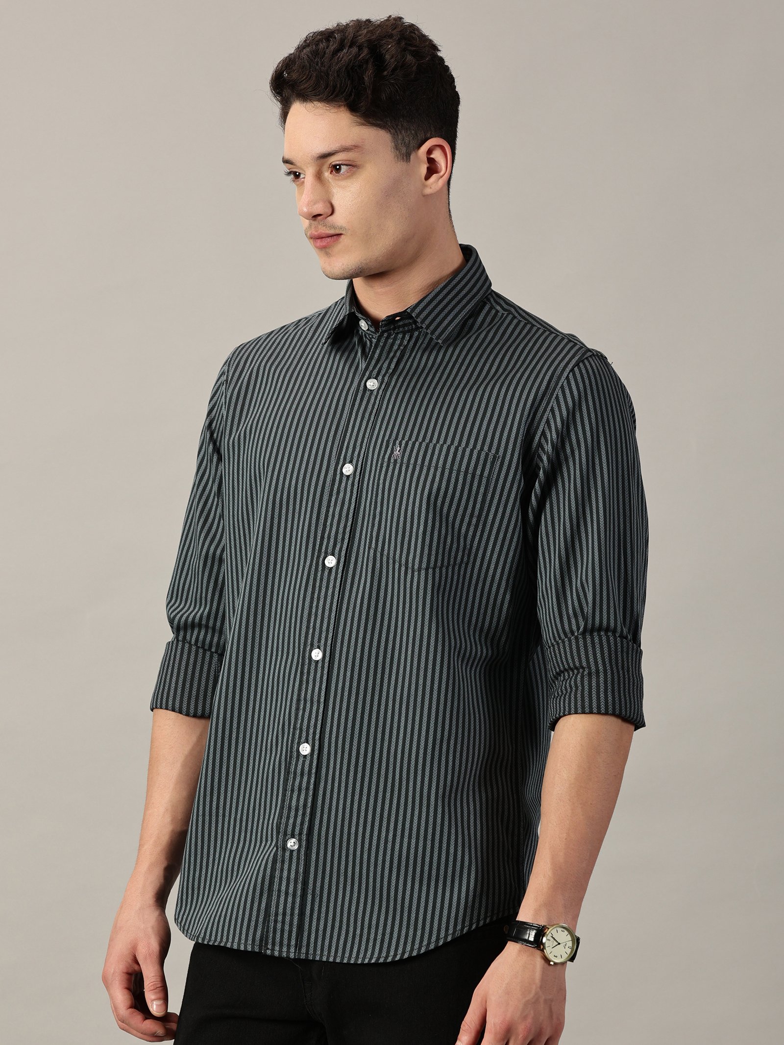 Two- Tone Green Geometric Dobby Extra Fine Men’s micro Stripe Shirt | Full Sleeve | Slim Fit