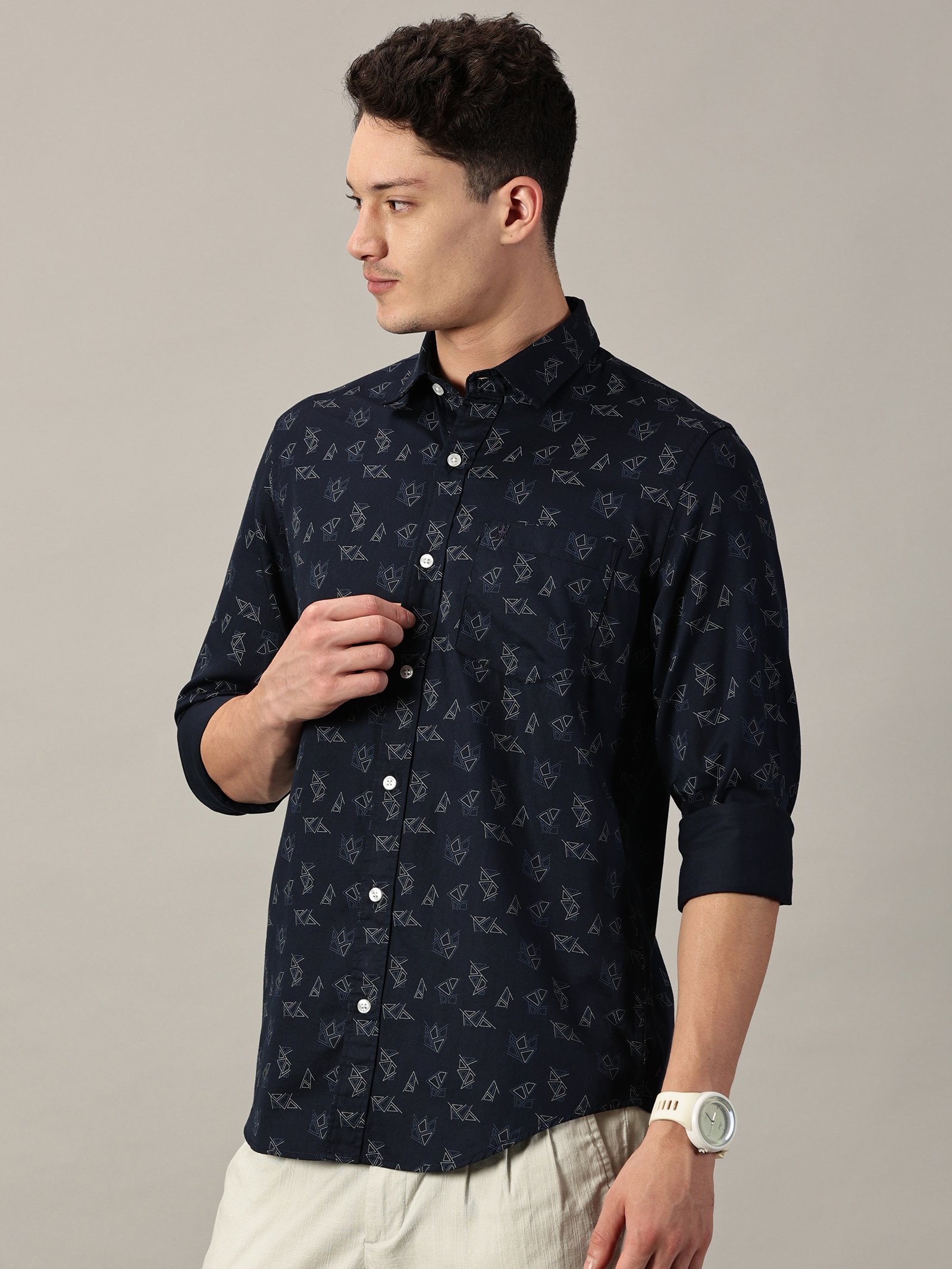 Deep Navy Geo‑Pattern Printed Satin Shirt |Full Sleeve | Slim Fit