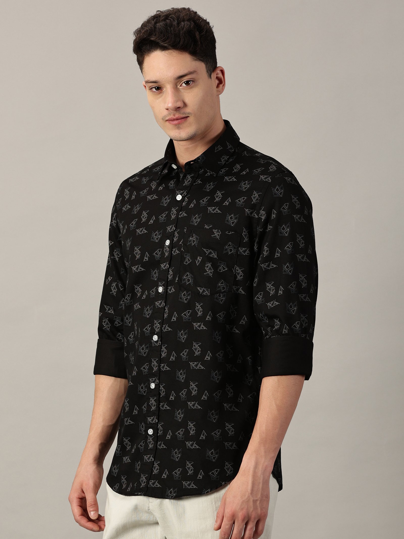 Midnight Black  Geo‑Pattern Printed Satin Shirt | Full Sleeve | Slim Fit